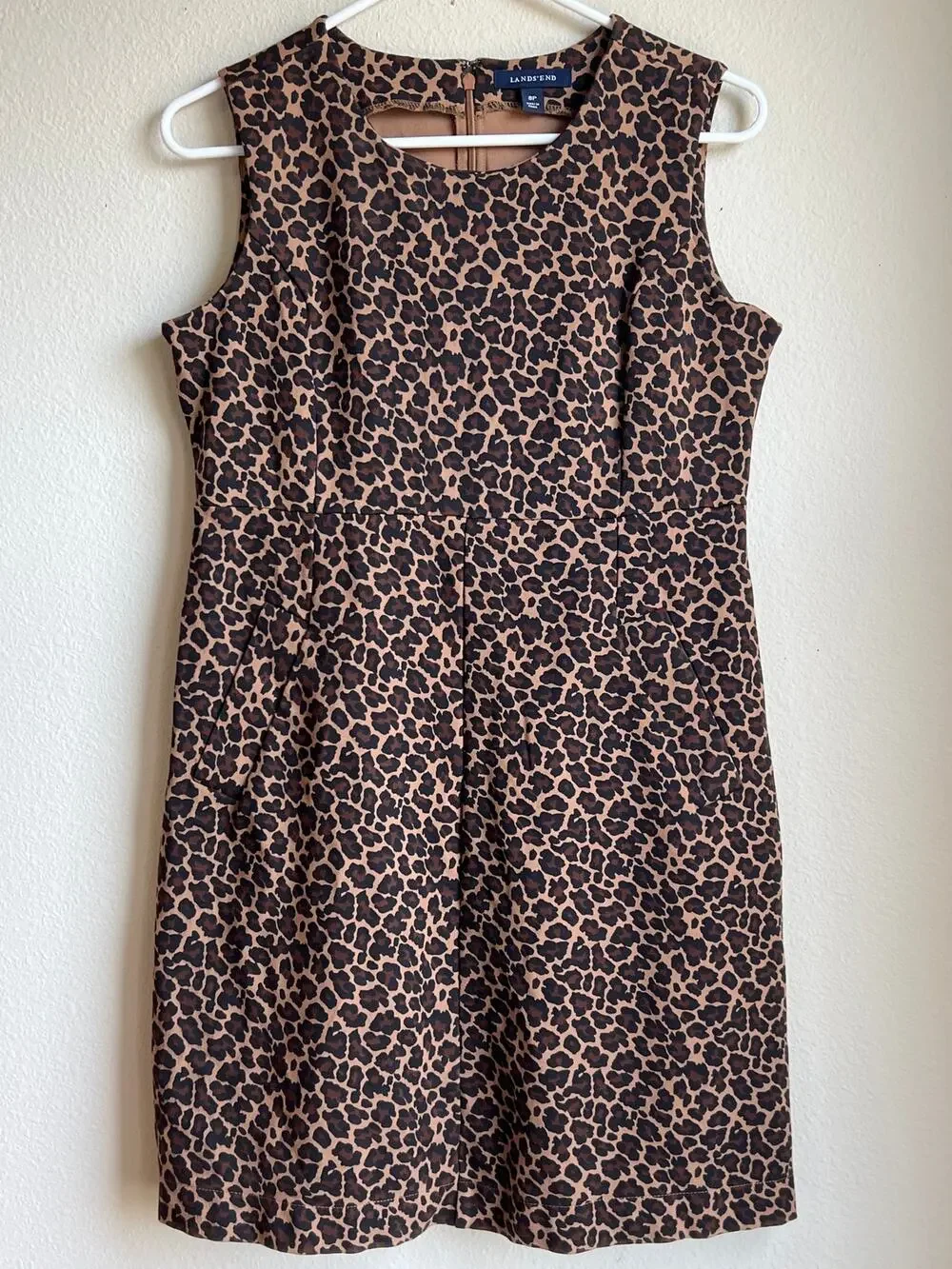 Lands End Leopard Sleeveless Ponte Knit Sheath Dress Pockets Size 8P